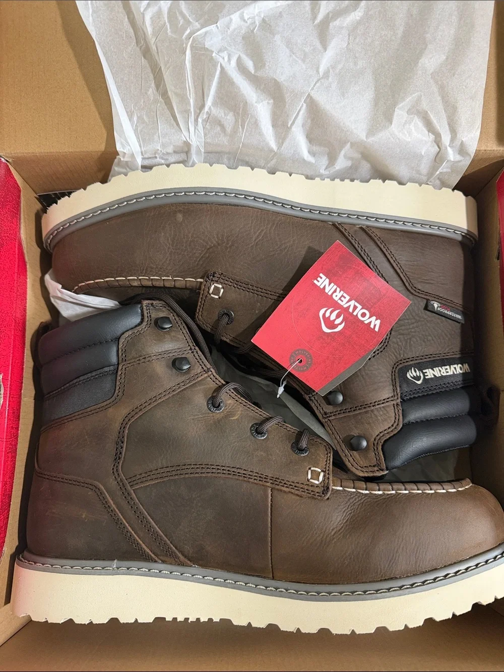 Wolverine Brown Leather Lace-Up Work Boots with Cream Sole